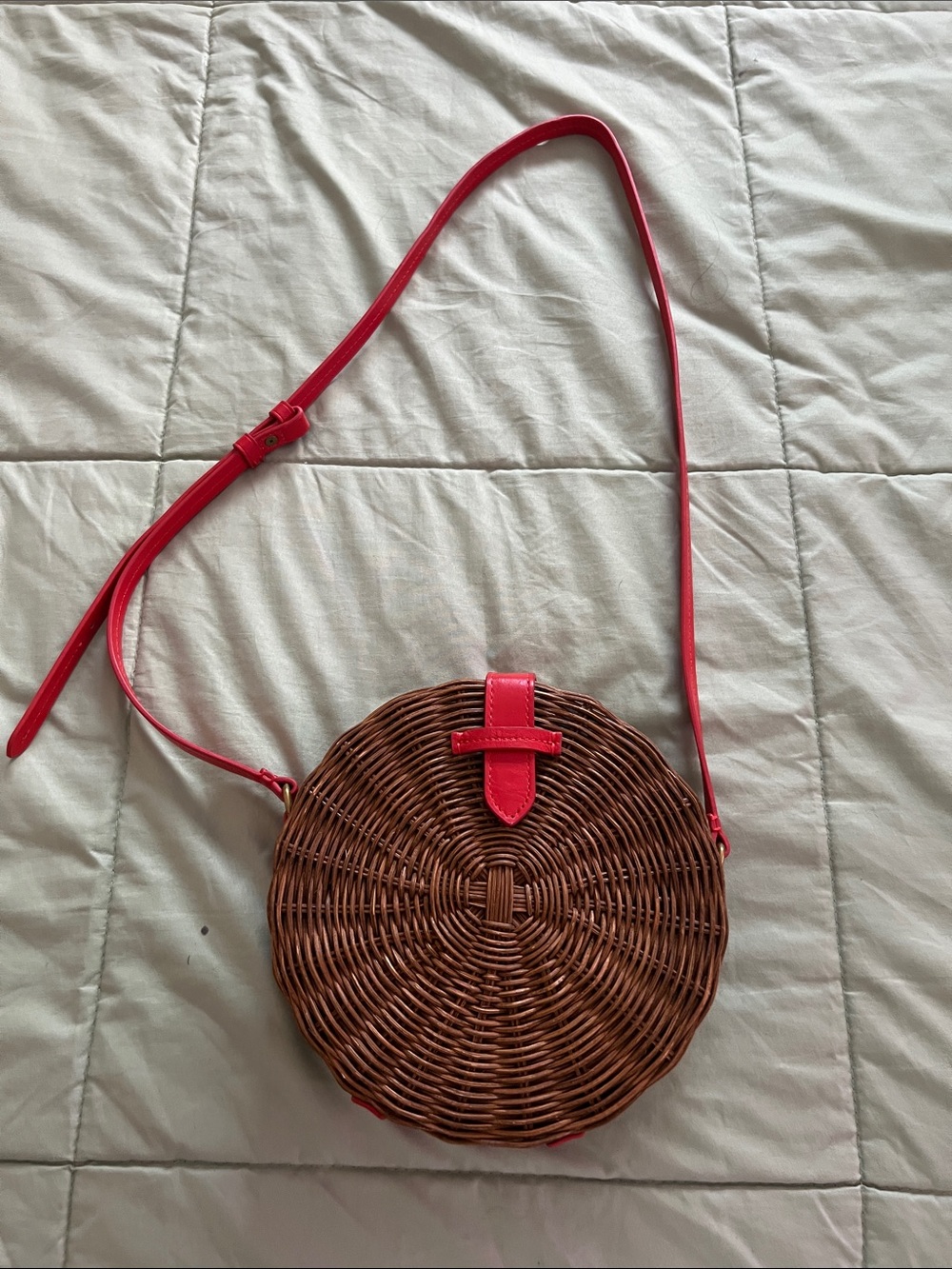 J CREW Woven Round Crossbody Bag with Red Orange  Trim